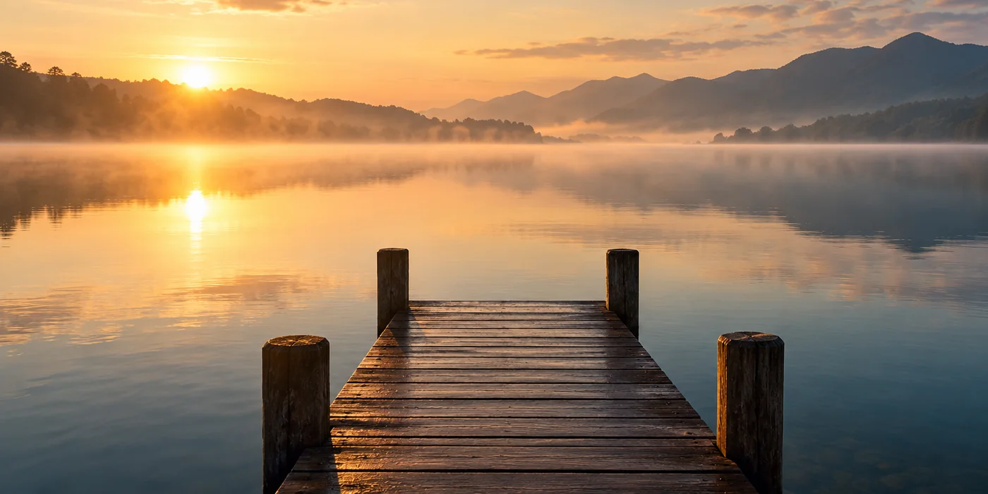 A still lake at sunrise, seen from a wooden jetty.