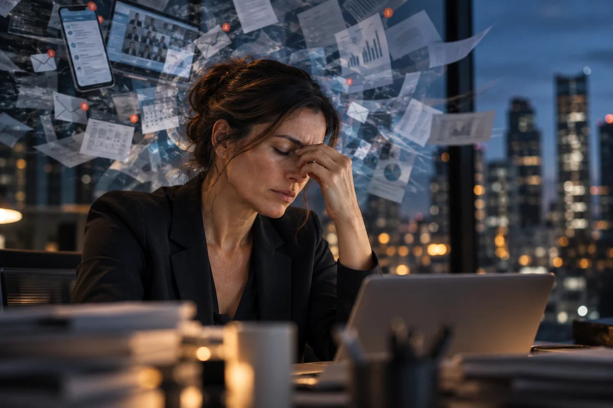 A senior executive at her desk at night, overwhelmed by competing demands.