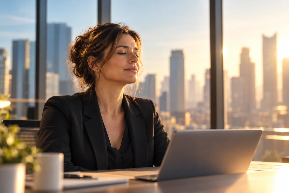 The same executive, calm at her desk in morning light.